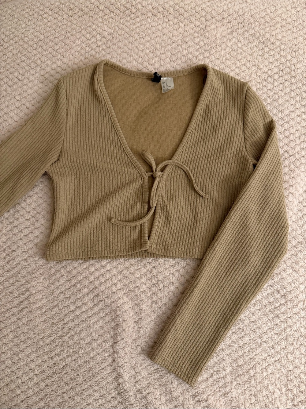 H&M Ribbed Tie-Front Cropped Top in Taupe